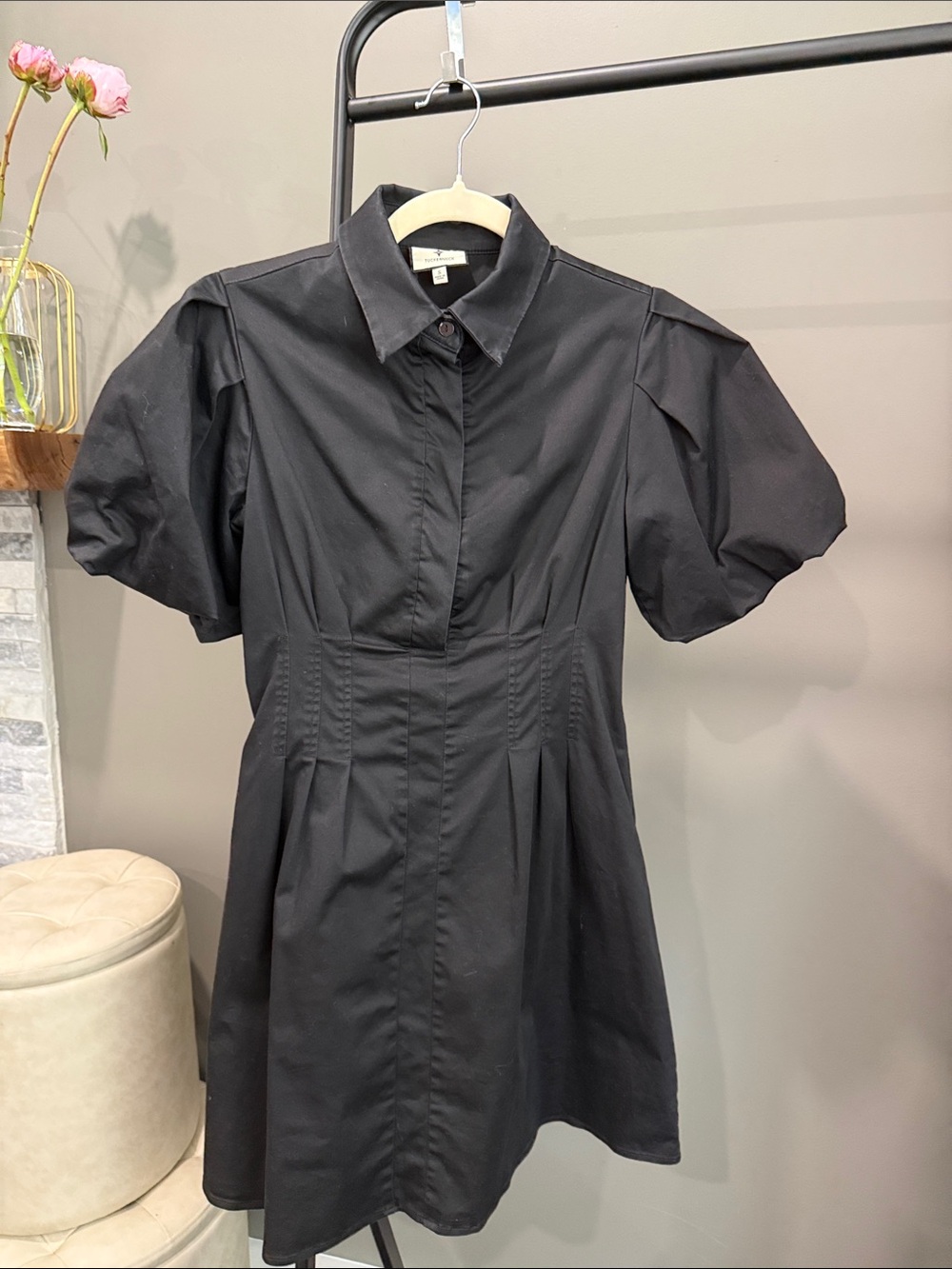 Tuckernuck Black Mini Delaney Puff-Sleeve Shirt Dress